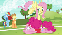 Pinkie Pie diving for the softball S6E18