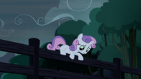 Sweetie Belle climbs onto the fence S5E6