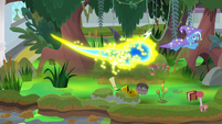 Trixie jumping away from the flash bees S9E20