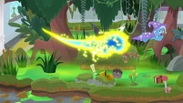 Trixie jumping away from the flash bees S9E20.png (1.09 MB) Trixie jumping away from the flash bees S9E20