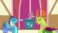 Spike, Princess Ember, and Thorax laughing together S7E15