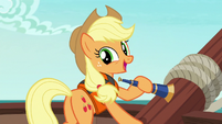 Applejack smiling to her friends S6E22