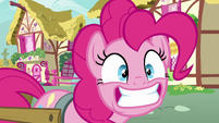 Pinkie Pie grinning widely at Rainbow Dash S7E23