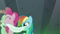 Pinkie Pie removing Rainbow Dash's blindfold S7E18