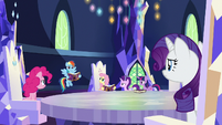 Main ponies look at embarrassed Rainbow S7E14