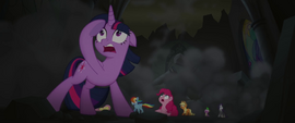 Mane Six and Spike in crumbling throne room MLPTM