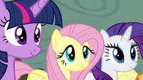 Twilight, Fluttershy, and Rarity smiling S4E18