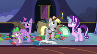 Twilight, Spike, and Derpy confused by Starlight's worry S6E25