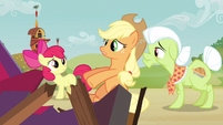 Applejack presenting air to Apple Bloom.