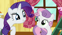 Rarity amused by Sweetie Belle's business talk S7E6