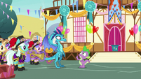 Spike welcoming Princess Ember to Ponyville S7E15