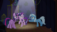 Trixie pointing a hoof at Twilight S6E6