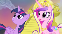 Twilight and Cadance looking towards the hill S4E11