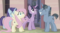 Twilight hits her hoof onto Fluttershy's leg S5E02