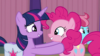 Twilight pushes Pinkie away a little S9E16