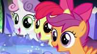 Cutie Mark Crusaders in wide-eyed awe S8E6