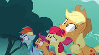 Rainbow, Scootaloo, Apple Bloom, Applejack gasp at Rarity S3E6