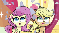 Shreds of paper rain on Fluttershy and AJ PLS1E10a