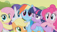 Too early for a group hug. Gotta love Rainbow Dash's "??????" face.