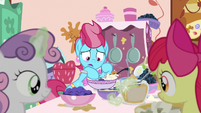 Mrs. Cake frantically mixing ingredients S9E23