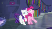 Pinkie Pie playfully bumps into Rarity S6E9