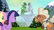 Twilight, Fluttershy, Ma, and Big Daddy look at the fountain S5E23