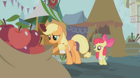 Applejack after giving away all the apples she had brought from the farm to sell S1E12