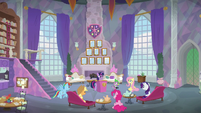 Mane Six and Spike gathered in the lounge S8E9