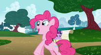 Pinkie Pie standing with her hooves out S1E5