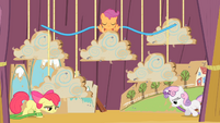 Apple Bloom and Sweetie Belle walking onstage tired S4E05