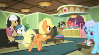 Applejack greets Filthy and Spoiled in the waiting room S6E23
