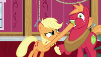 Applejack stuffs an apple in Big Mac's mouth S6E23