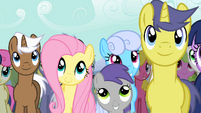 Fluttershy listening to AJ's speech S2E14