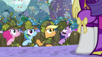 Pinkie Pie Applejack Rainbow Twilight in trench looking at Rarity S2E21