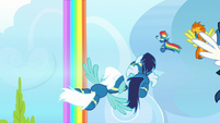 The Wonderbolts fly toward rainbow waterfall S7E7