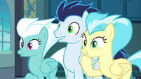 Fleetfoot, Soarin, and Misty Fly looking amused S8E5