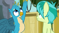 Gallus holds cupcake over the barricade S8E2