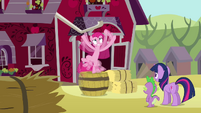 Pinkie Pie flailing on top of barrel S03E13