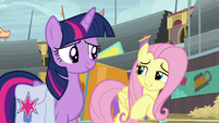 Fluttershy smiling coyly at Twilight S9E22