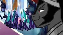 Sombra taunting Cadance, Shining, and Flurry S9E1