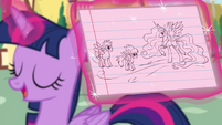 Twilight levitating flash card showing Celestia and two flyers S4E21