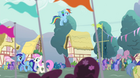 Rainbow Dash hovering over the crowd S4E16