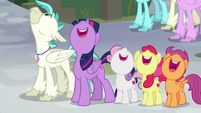 Twilight and CMC watch the Hippogriffs fly S8E6