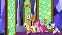 AJ, Rockhoof, Pinkie, and Rarity leave the throne room S7E26