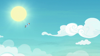 Rainbow Dash hovering high in the sky S8E5