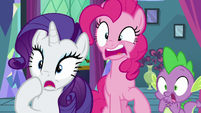Rarity, Pinkie, and Spike shocked by Twilight's words S8E2
