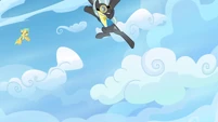 Thunderlane doing a ninja kick on a cloud.