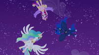 Celestia, Luna, and Cadance hover over Twilight S4E25