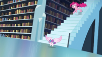 Flurry Heart flying down the stair while Pinkie chases her S6E2