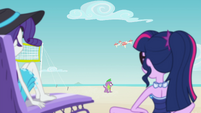 Rarity and Twilight watch Spike chase the drone EGFF